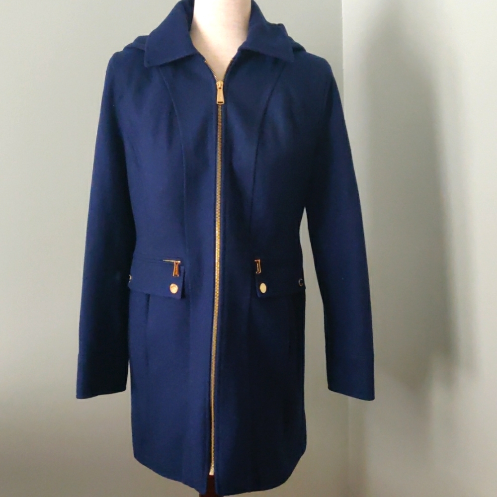 Women's Michael Kors Size 6 Navy Zip up Hooded Wool Peacoat